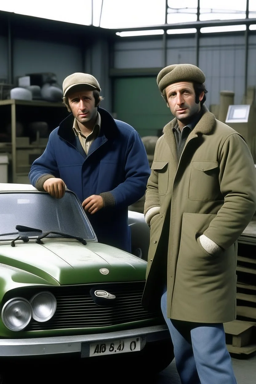 two haggard in their mid 30s looking men working in a land rover warehouse selling car parts add sheep