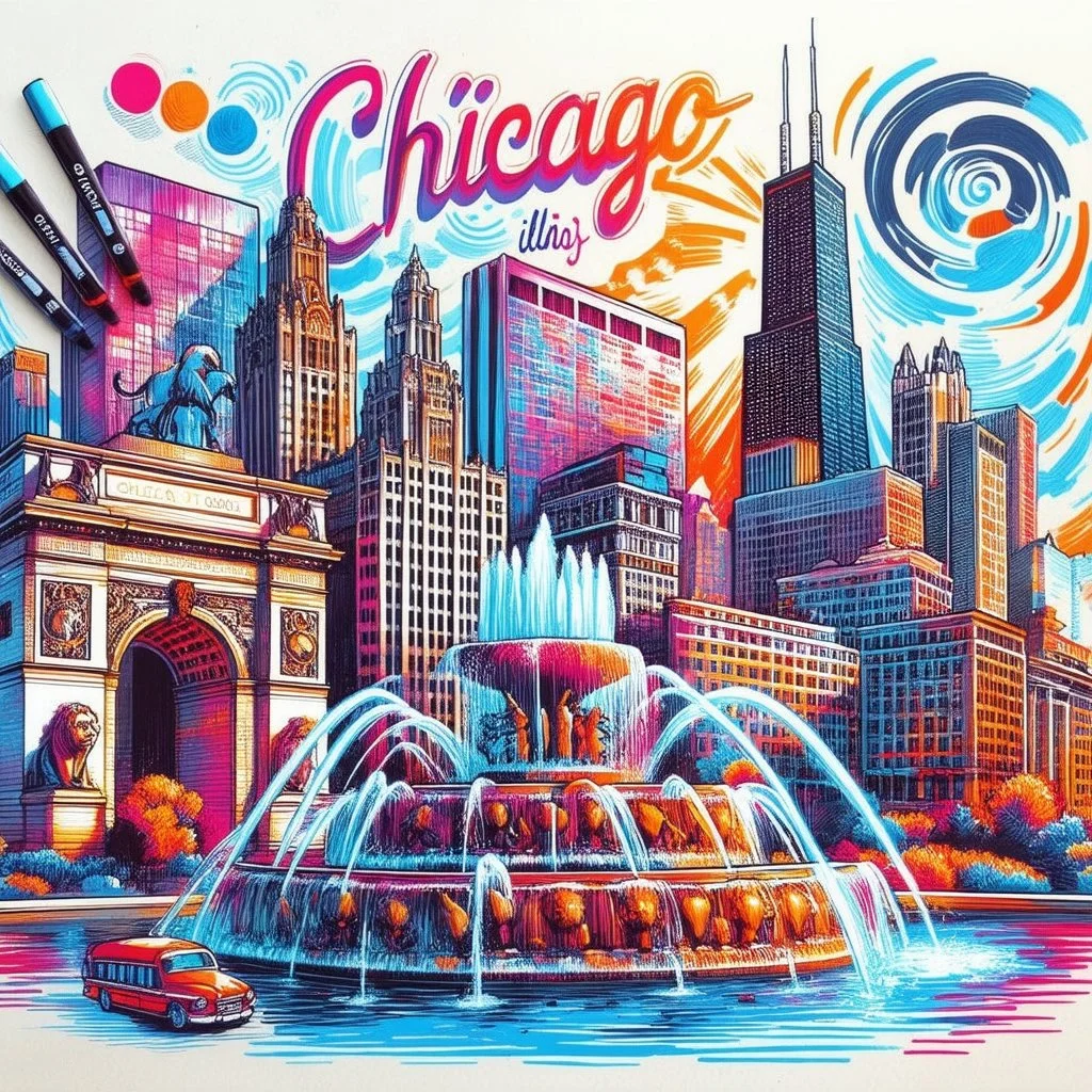 tourist poster of Chicago, Illinois in vibrant marker art style, featuring iconic landmarks such as Cloud Gate, Buckingham Fountain, Sears Tower illustrated with bold strokes, vivid colors, hand-drawn marker textures, sketch-like outlines, and coloring-book aesthetics. Include dynamic urban scenery, expressive ink shading, playful imperfections, and energetic travel-poster composition. Typography “Chicago, Illinios” prominently displayed on top in stylish retro travel font, clean poster layout,