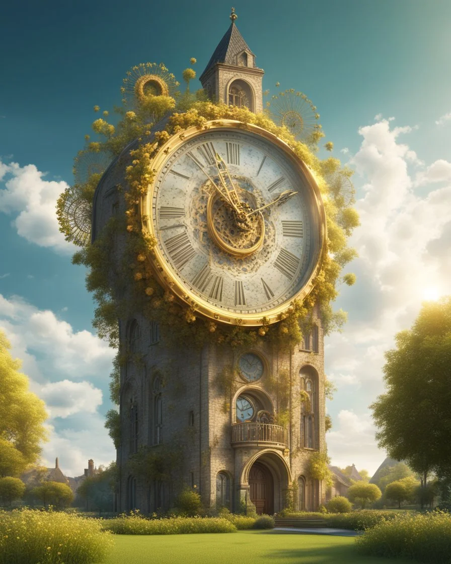 Create a 3d fractal base huge clock on a beautiful tower in a modern town with country houses and green field flowers , with see throgh golden gears rotating , showcasing a harmonious and synchronized movement. fast time passing in a beautiful nature environment