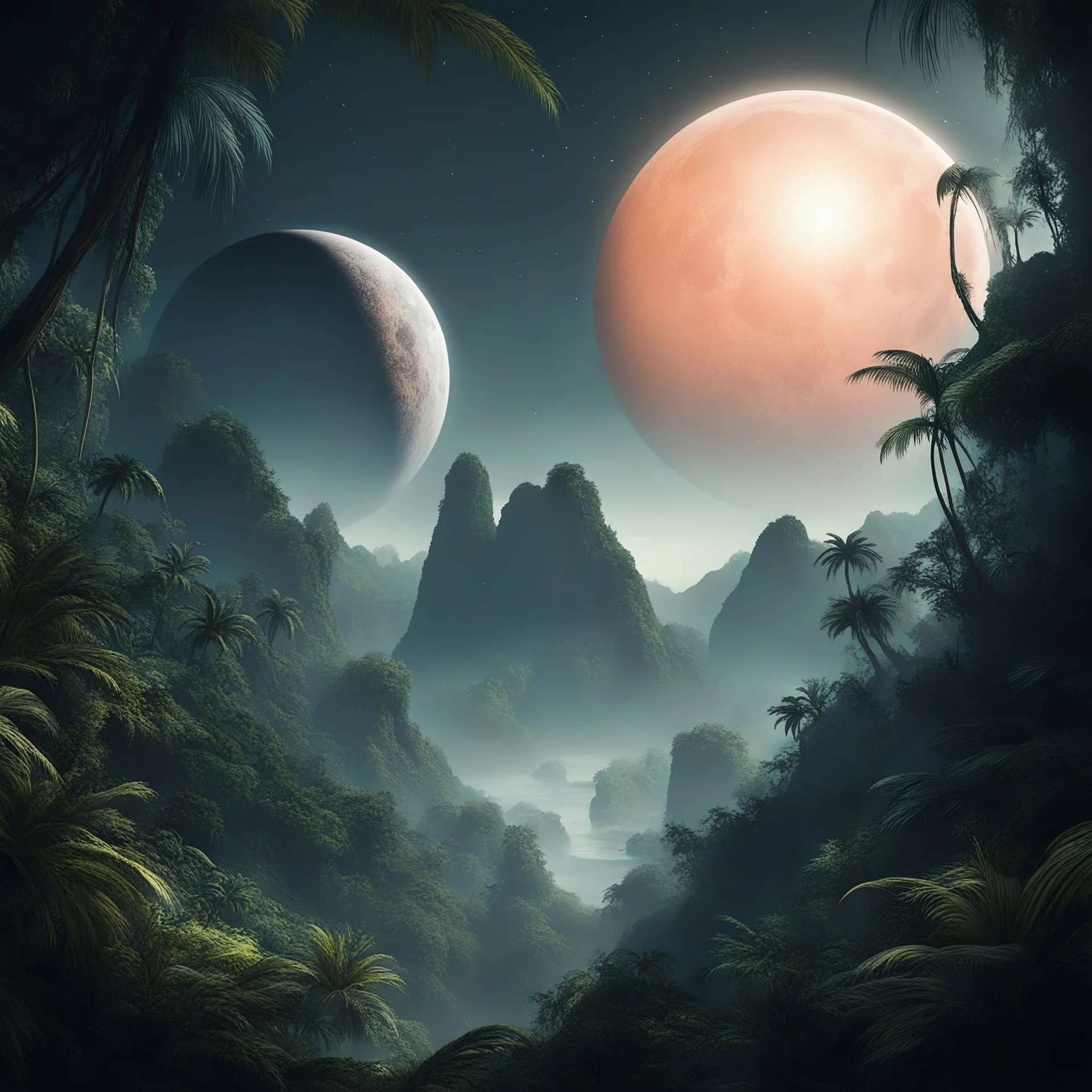 seen through a mountain jungle, two alien moons rise on the horizon