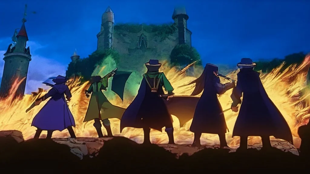 Adventurer party of four people, standing before a castle