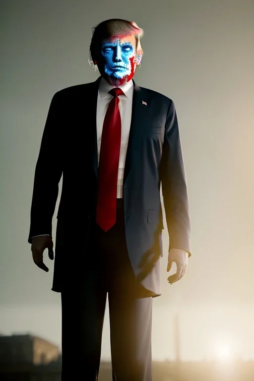 Ultra realistic image night, Donald trump zombie, suit, blood, torn arm, night, the walking dead style, dark ambient, highly detailed, White House background, concept art, unreal engine 5, ray tracing, RTX, ultra detail, volumetric lighting, high definition, high resolution.