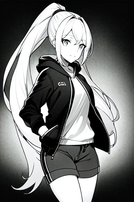 blonde girl with ponytails dressed in a jacket and shorts walks briskly, greyscale