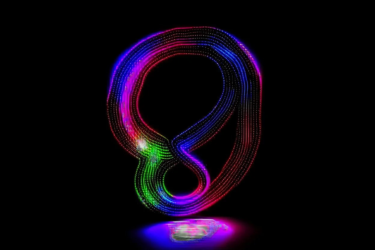 black background, outlines of a holographic question mark drawn from thin neon-coloured glowing lines