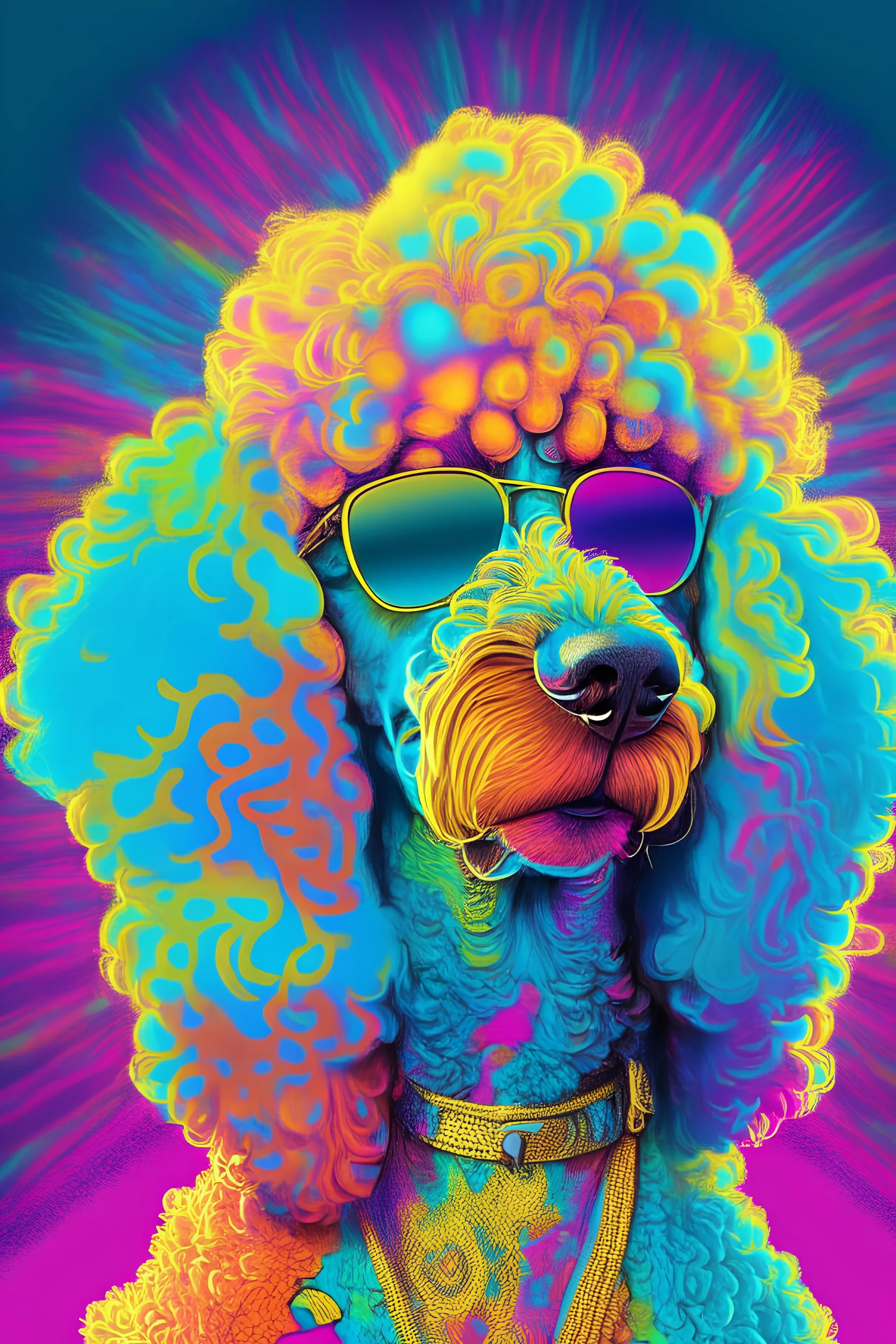 rich poodle in Percy Jackson style, fun colorful, psychedelic