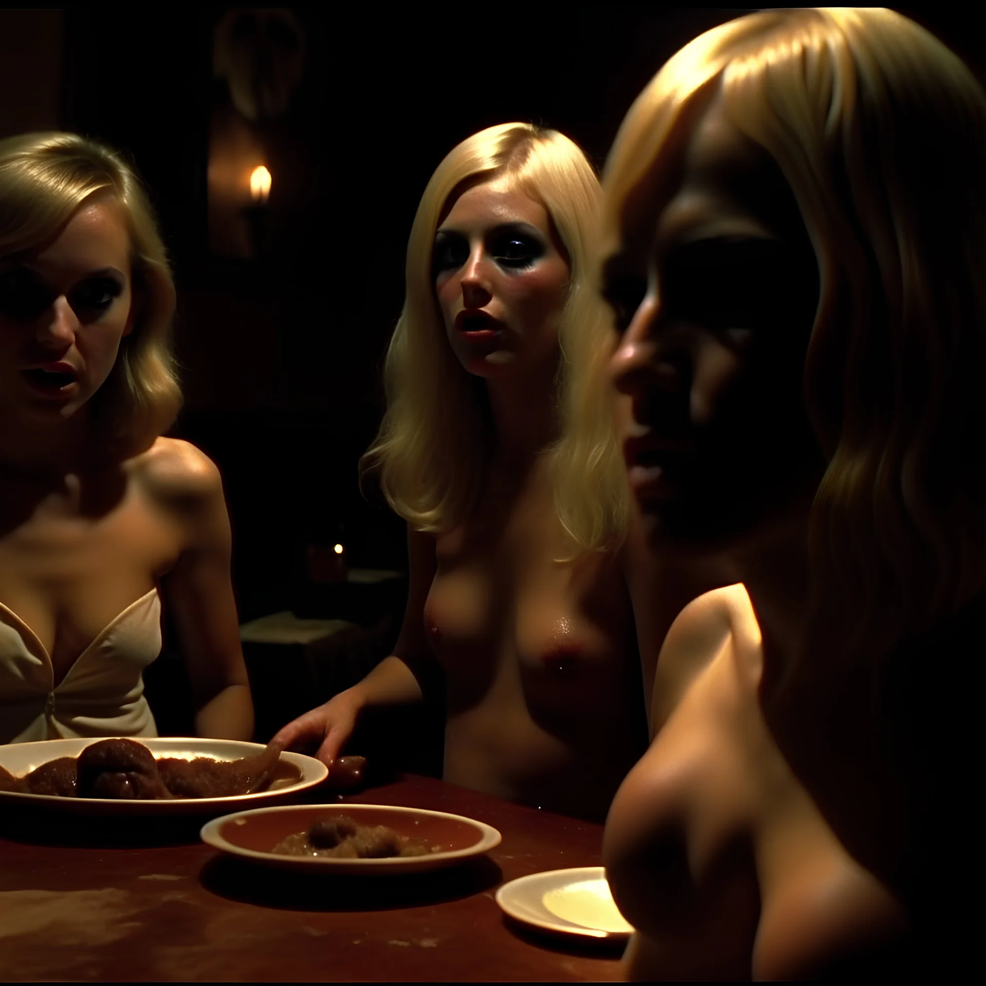 Horror movie shot, spooky, hot, ultra realistic, dine, they enjoy and get excited, ultra realistic hot blonde women, party, pieces of meat, organs, ail, dynamic, very excited people, hypermaximalist figures, light, 1970's Italian horror movie, sinister,, Dario Argento, Stanley Kubrik, ornate, 4k, photorealism