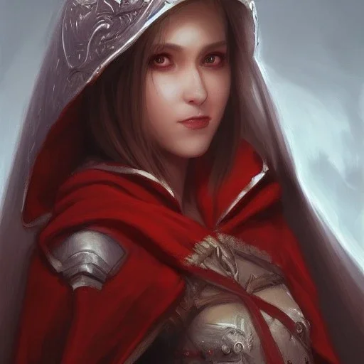 a _ fantasy _ style _ portrait _ painting _ of white female red silky hair short head smirk round face hood robe rpg dnd oil _ painting _ unreal _ 5 _ daz. _ rpg _ portrait _ extremely _ detailed _ artgerm _ greg _ rutkowski _ greg