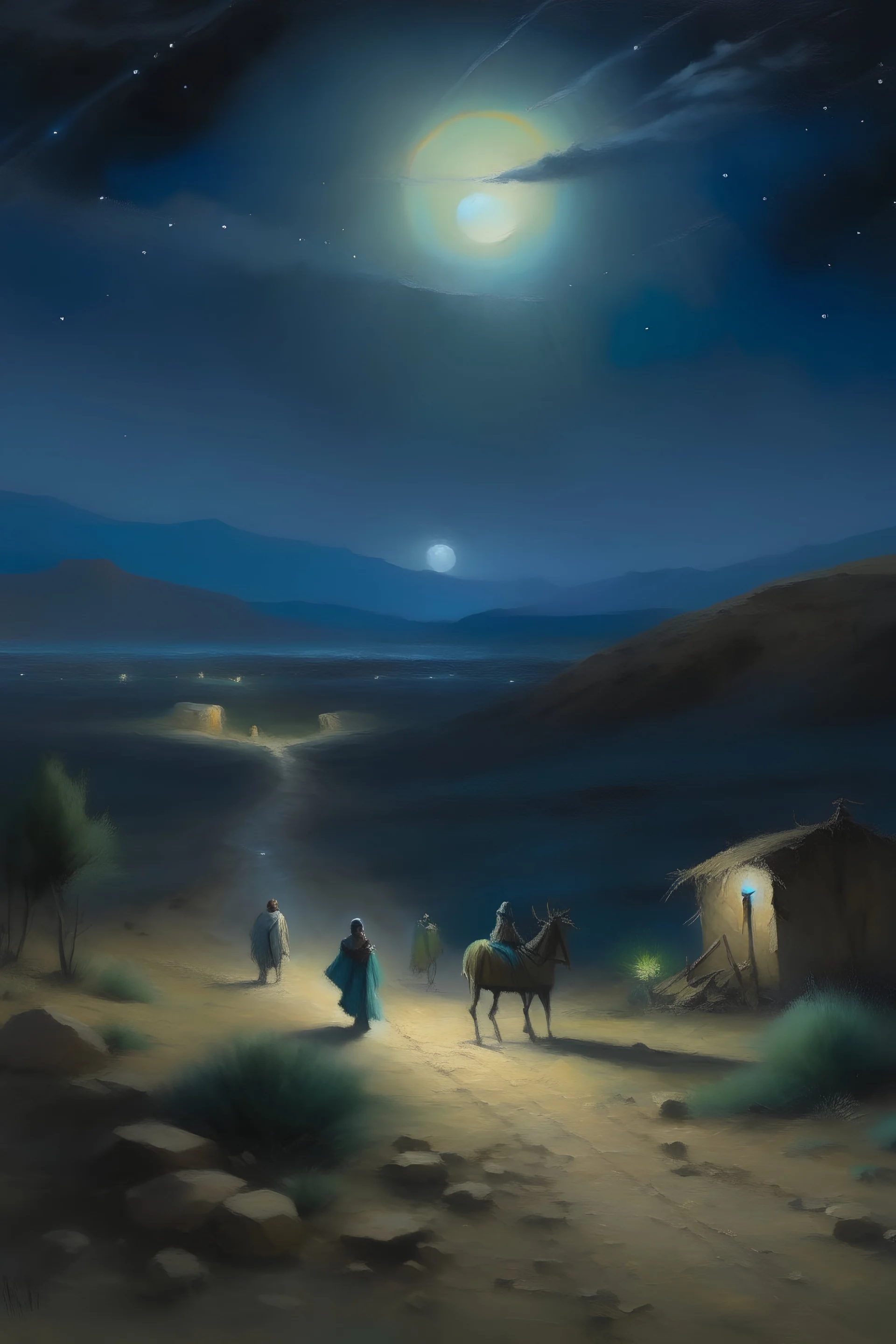 a loose oil painting of an ancient palestine desert scene, at night with a caravan travelling towards the star of bethlehem with Bethlehem off in the distance,cinematic,dramatic lighting