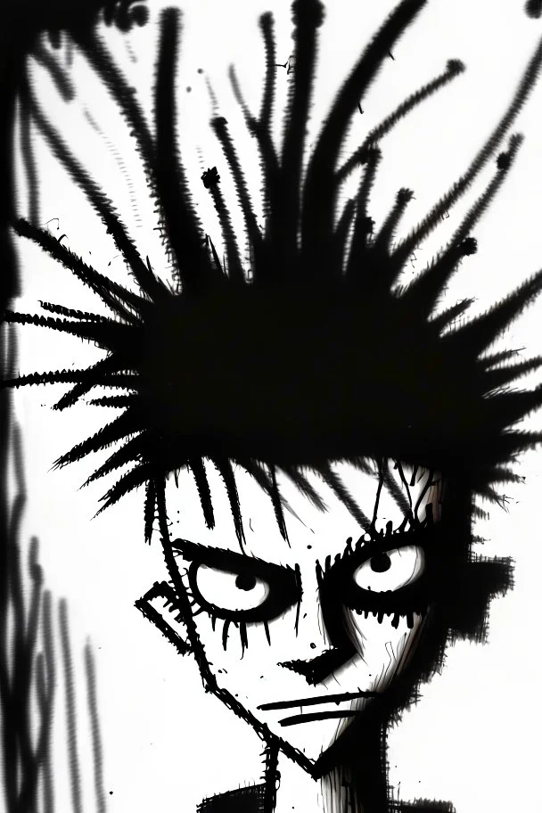 2d portrait drawing of a stickman, cool with punk hair, x eyes like hangman, close-up