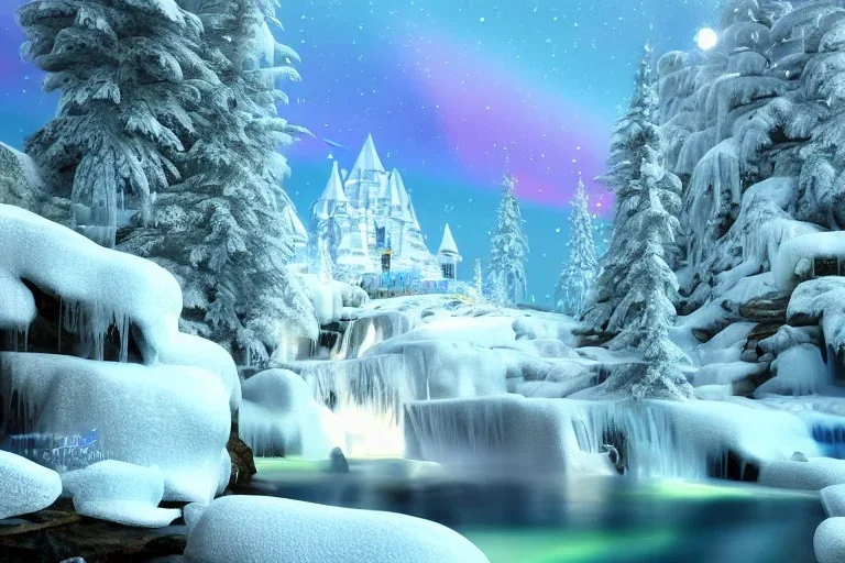  white and gold crystal castle，waterfall, winter snow flakessnow, northern Lights, full of details, smooth, bright sunshine，soft light atmosphere, light effect，vaporwave colorful, concept art, smooth, extremely sharp detail, finely tuned detail, ultra high definition, 8 k, unreal engine 5, ultra sharp focus