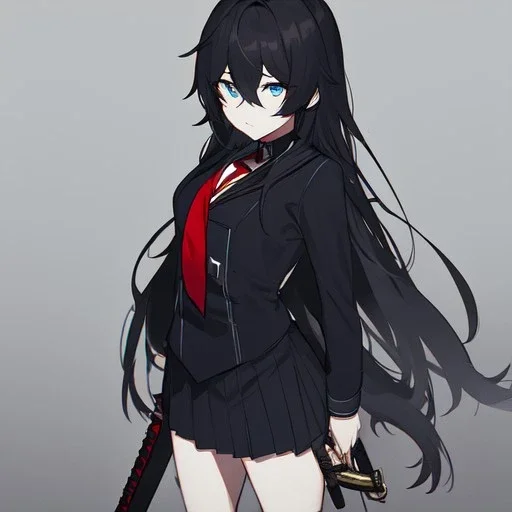 Clear focus, High resolution, long black fluffy hair, blue eyes, wearing a black sailor uniform, red tie, yandere, rough line sketch, dark aura, holding a katana, hair between eyes, 1girl, standing in grey sand