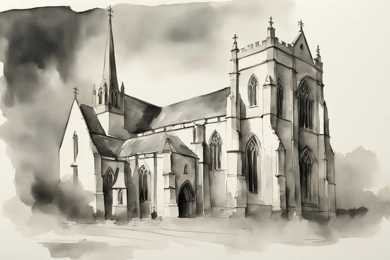 Portrait of an English church in black and white wet watercolour