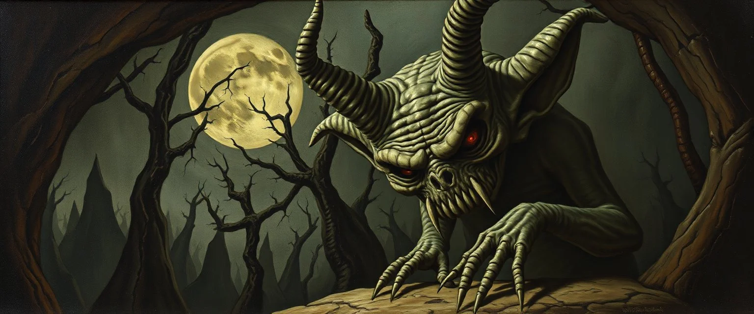 sad goblin lurks here., painted by Rembrandt, Escher and Giger