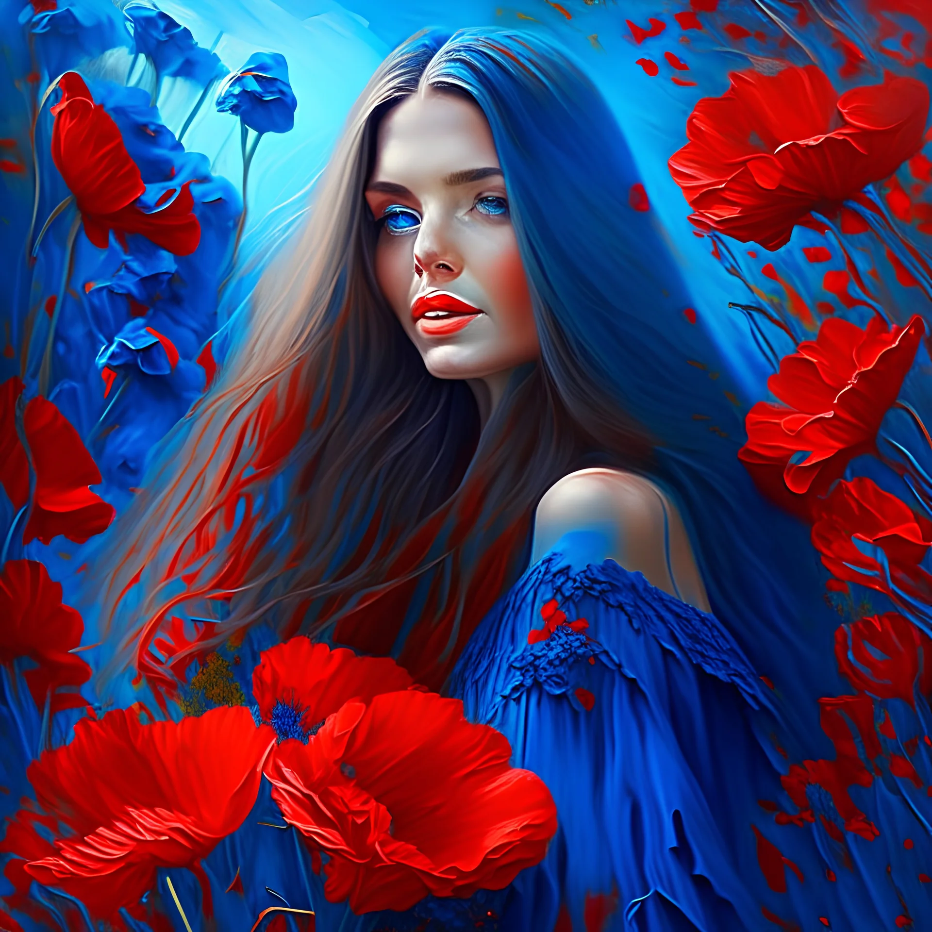 Beautiful spring splendor, and a beautiful woman with long hair, in a beautiful blue dress. with red poppies painted at the bottom with a delicate brush, 3D-Coat, visual effects, hyper-detailed, magical, vibrant and refreshing color palette