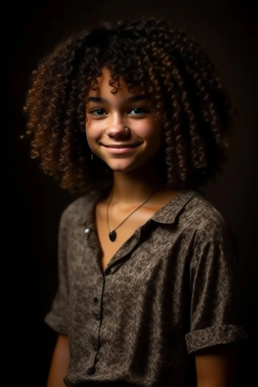 full body portrait of a 18 year old girl named Runa Rivers, main character of a youth novel, tall for her age - ca. 1,8m, full lips, dark brown very curly short hair, smiling, black skin looking caucasian, freckles