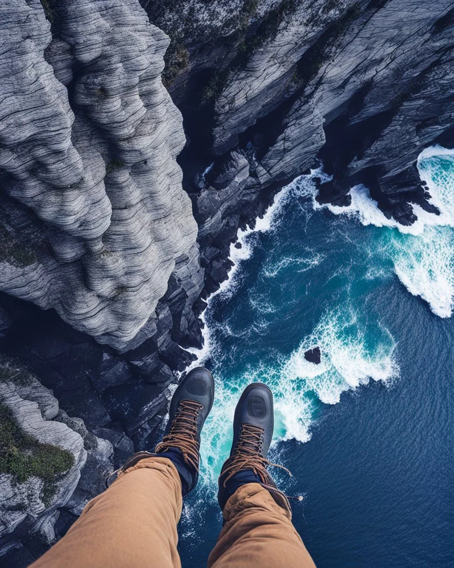 from the point of view of a rock climber, look down at the ocean rocks below as you climb high into the bluffs of ireland. holding on to the cliff face, the ocean below storms and swirls around a giant whirlpool