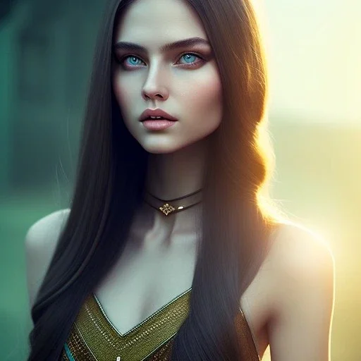 woman with Light-brown long hair, dark fantasy setting, ethereal, soft lighting, soft green eyes, big cheeks, big forehead, wide chin, small nose