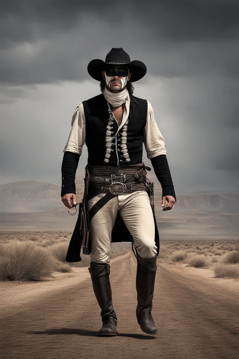 Full Color - uncropped, full body image, head to foot, 4k ultra-HD, hyper realistic, photorealistic, professional quality digital photograph - Extremely muscular E.A. Presley aka the LONE RANGER, extremely over exaggerated muscles, short, dark, crew-cut hair, large, curved down nose, large square chin, dark, intense eyes, light blue, skintight, formfitting cotton jumpsuit, red kerchief bandana, black venetian mask, double holstered utility belt, two Colt 45 caliber pistols, knee-high cowboy boo