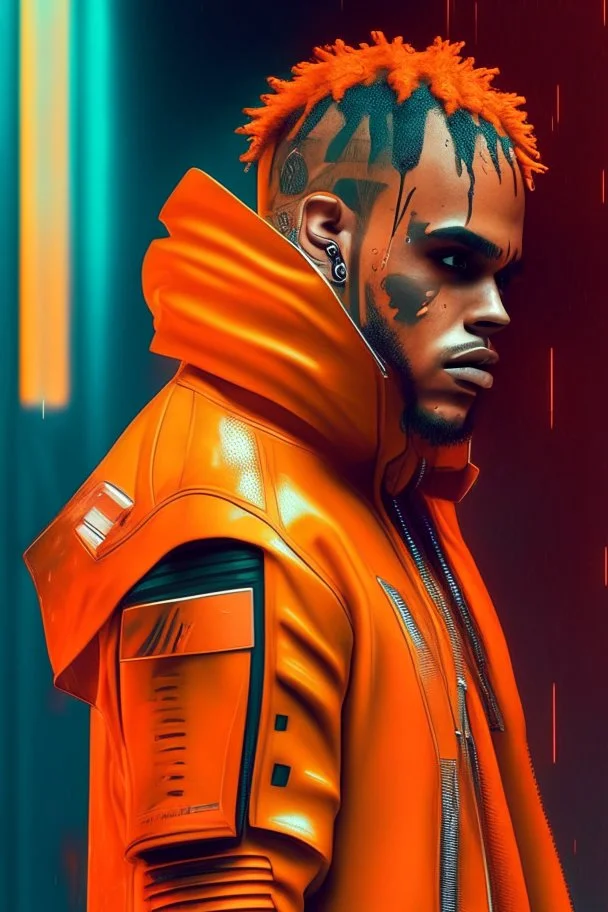 Chris brown dressing in orange, cyberpunk, ultra realistic