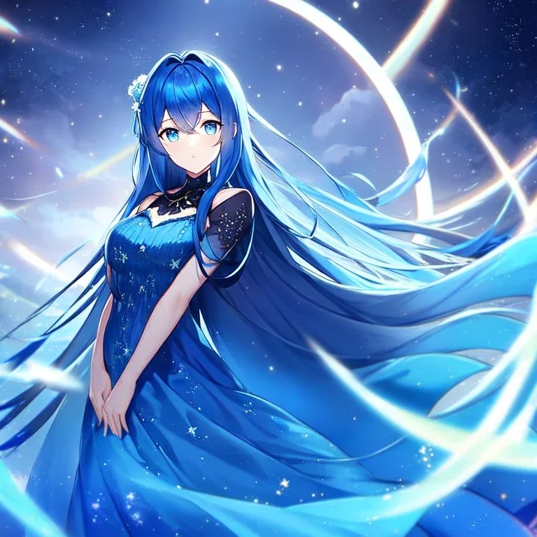 girl, masterpiece, best quality, volumetric lighting, detailed outfit, perfect eyes, deep sea blue hair, blue eyes, long hair, starry dress,