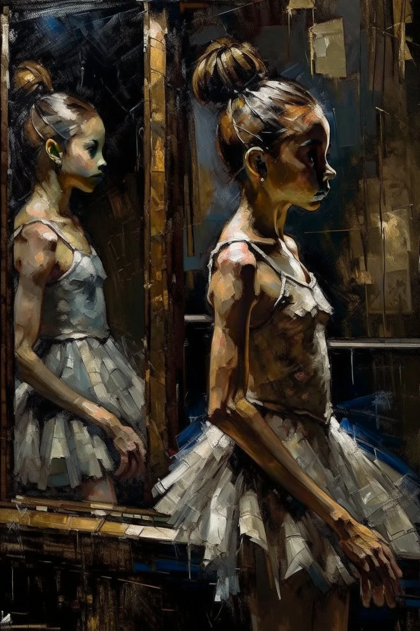 a beautiful ballerina, in a studio, Infront of a mirror, side profile with eyes looking slightly Down, her reflection in the mirror is however looking straight back at her and not looking down, scary, dark undertone, 12k, detailed painting, thick impasto and textures with rough brush strokes, chaos background with cracked paint, peeling off