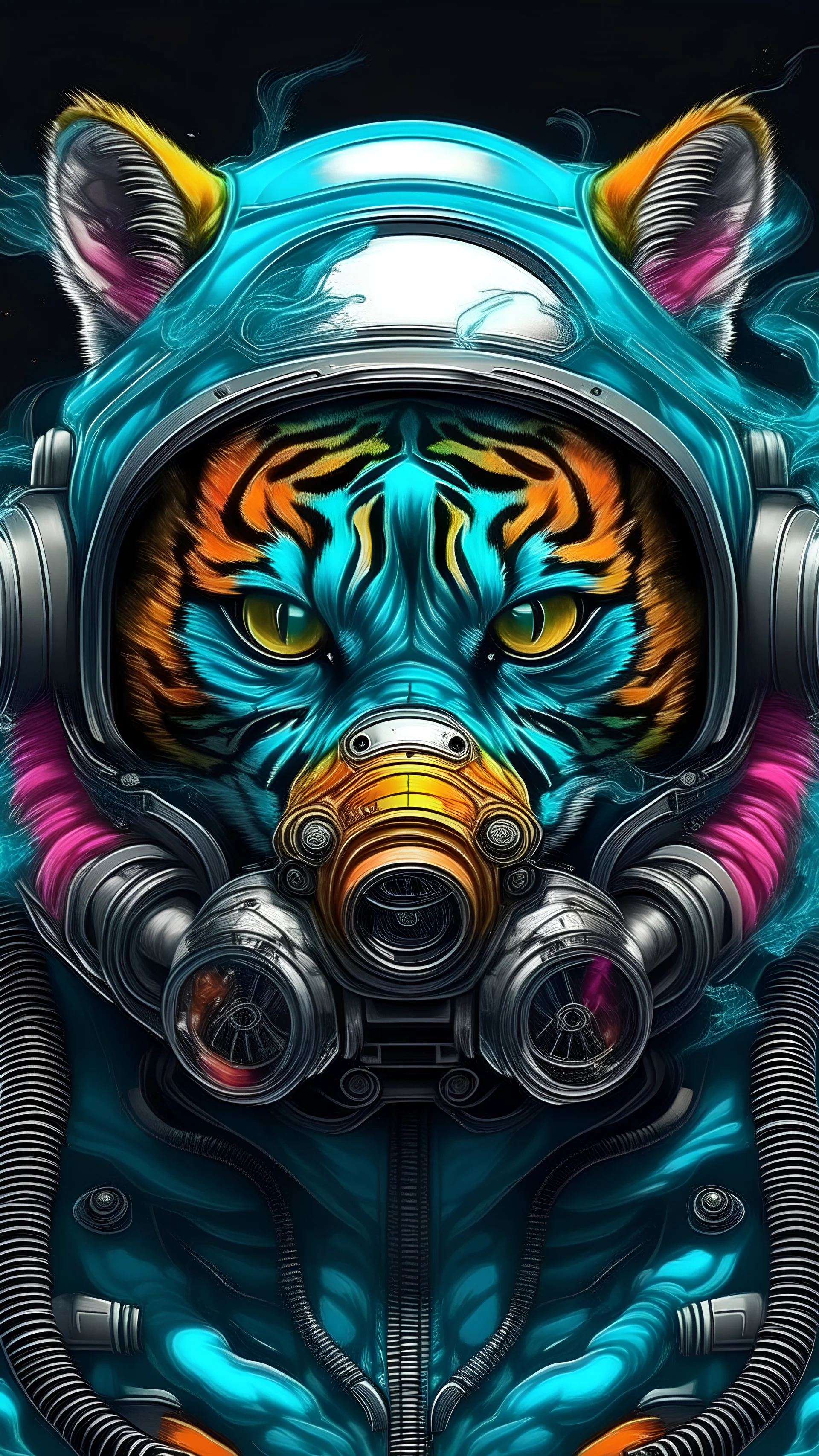 Futuristic tiger with gasmask, colorful powerful nuclear art ,Hyperrealistic stunning Master piece