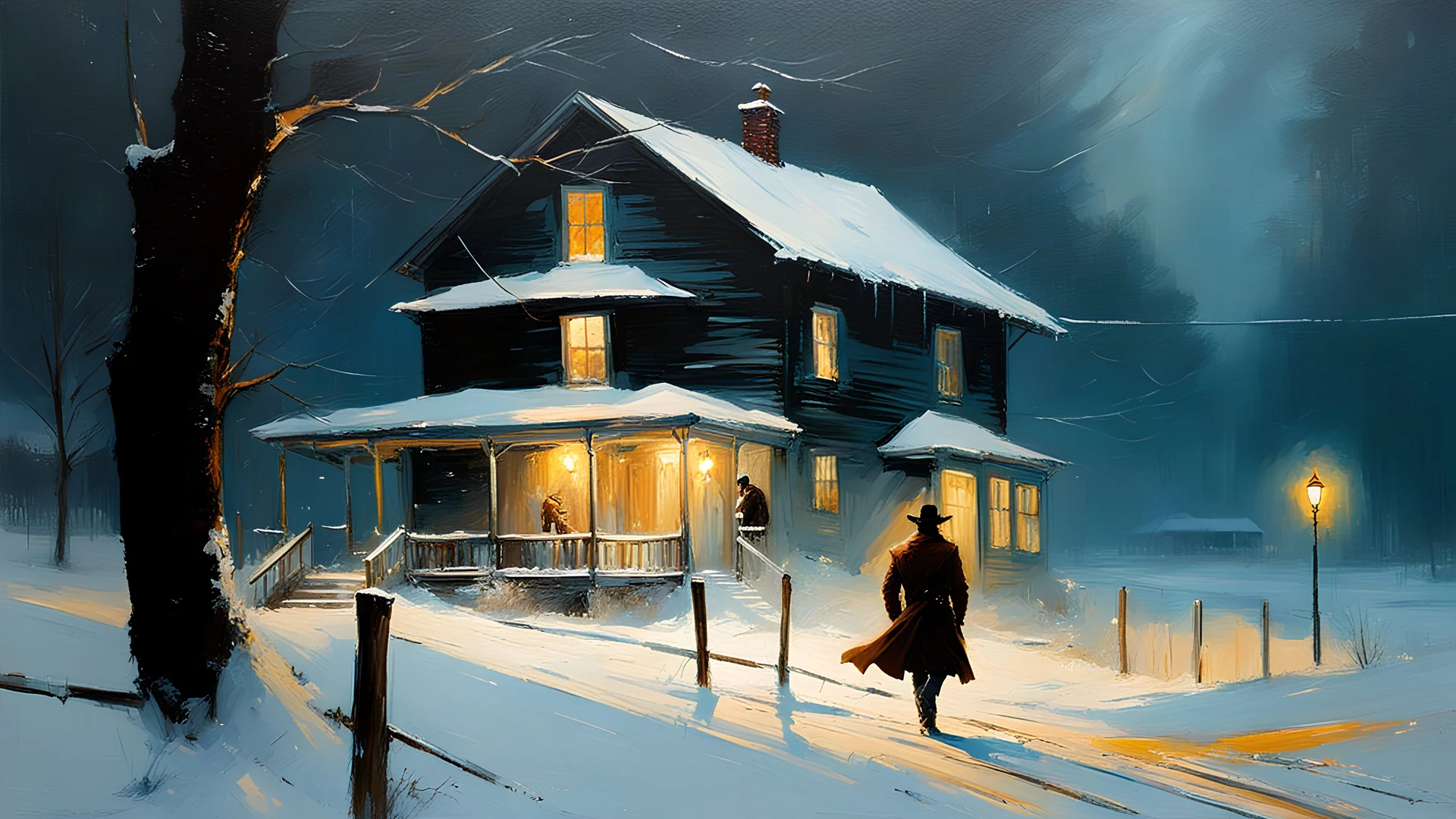 A cowboy walking down a very snowy road in a blizzard with lots of snow falling and blowing with a house with a bright light on it :: by Robert McGinnis + Jeremy Mann + Carne Griffiths + Leonid Afremov, black canvas, clear outlining, detailed