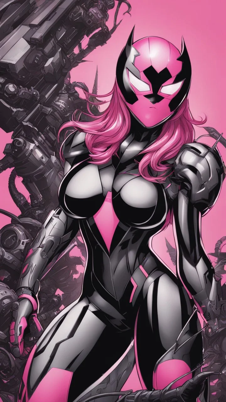 A close picture to Mix between gwenpool and symbiote, symbiote venom with transformers, high details machine, pink and black custom, intricate details, highly detailedin in solo leveling shadow art style