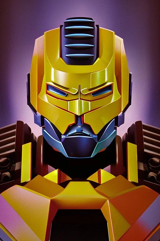 Fotoretrato de un transformer de 1980, debe ser algo decadente. Vibrante en colores, solo su cara es un retrato. Rounded autobot, optimus prime. Animé. Wasted drunk. Yellow, fun. Cosmos.