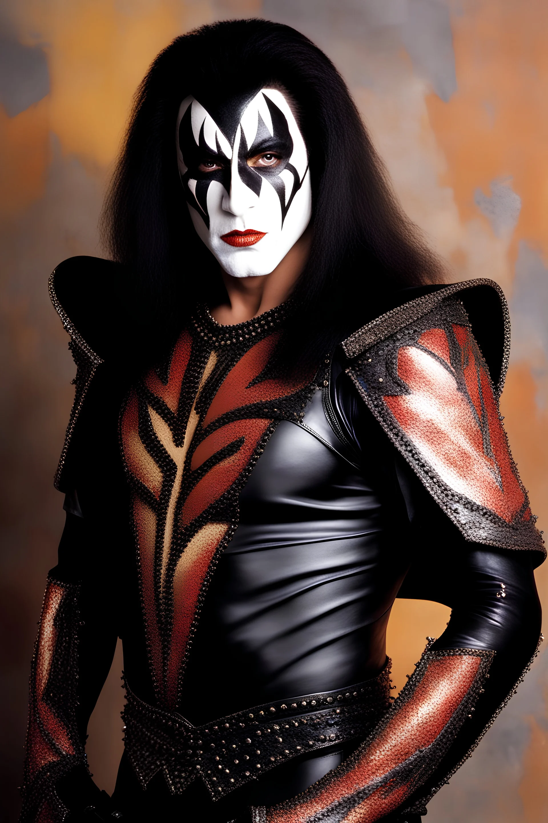 text 'KISS' - head and shoulders portrait, KISS 20-year-old Gene Simmons, black spandex, steel shoulder and chest armor, black cape, studded codpiece, 8-inch platform boots, ponytail, - a multicolored cement wall in the background,