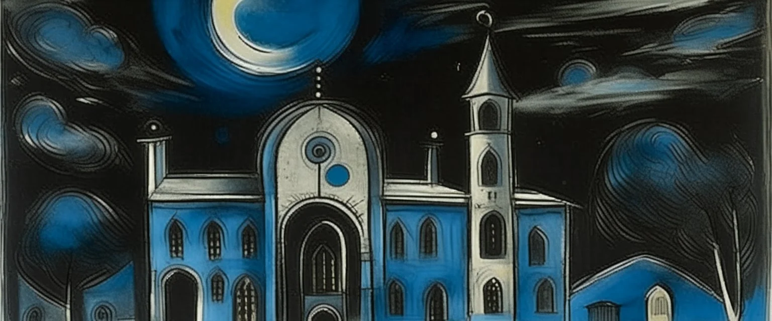 A blackish blue Arabian palace with the moon painted by Pablo Picasso