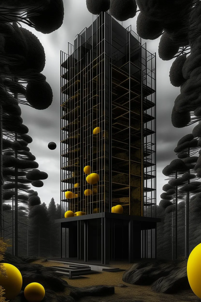 Stunning image of a big prison tower with imposing dark yellow and coal streaked marbles next to artificial structures. These structures look like reflective blocks, creating a contrast between the natural and the artificial. Person observes. The scene conveys a sense of suspension and dialogue between organic elements. Very accentuated rock details. Huge portal. Maritime pines.