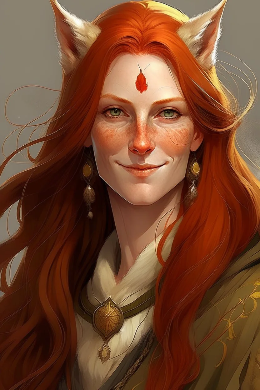 An older woman with long red hair, gold eyes, large fox ears, slight smile, pale skin