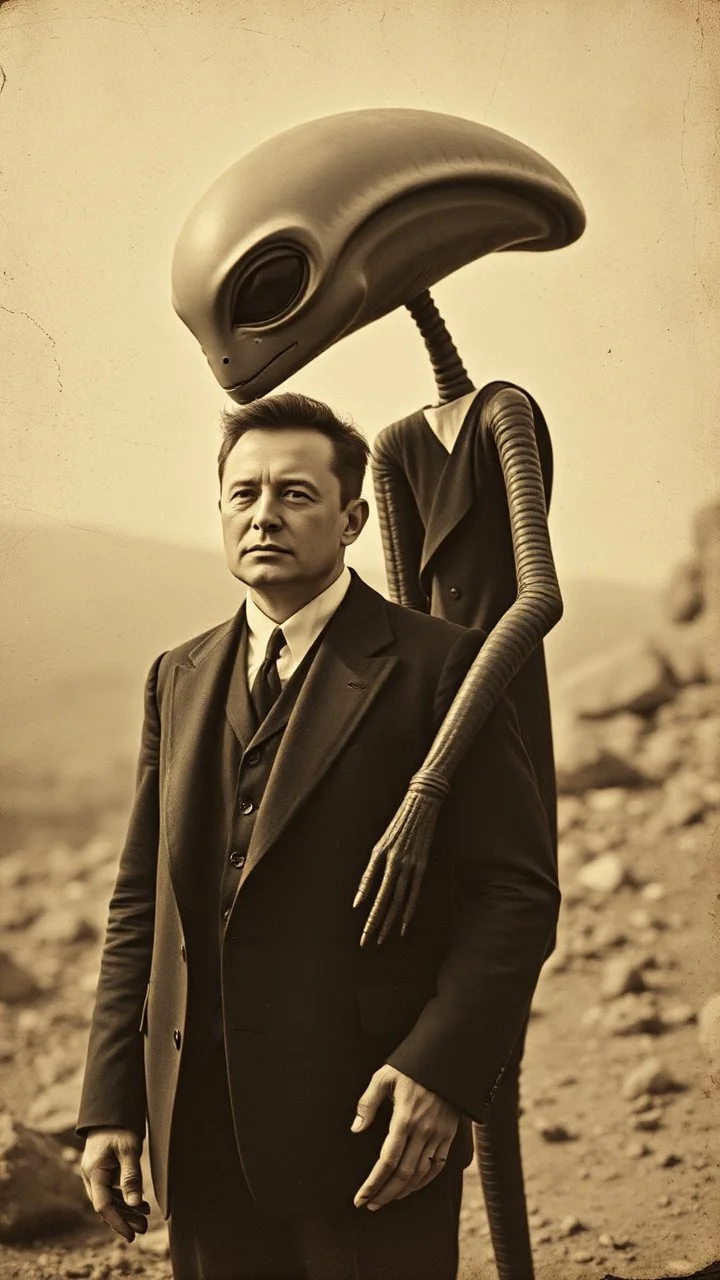 An old picture style of white and brown and very bad quality old camera with cracks of Elon Musk standing with an Alien who is wearing a suit, the year 1900