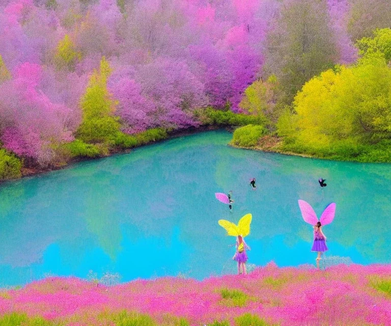 fairies in a magic pink forest with purple and pink trees, pink and blue and yellow flowers and around a turquoise lake, a blue sky and sunlight