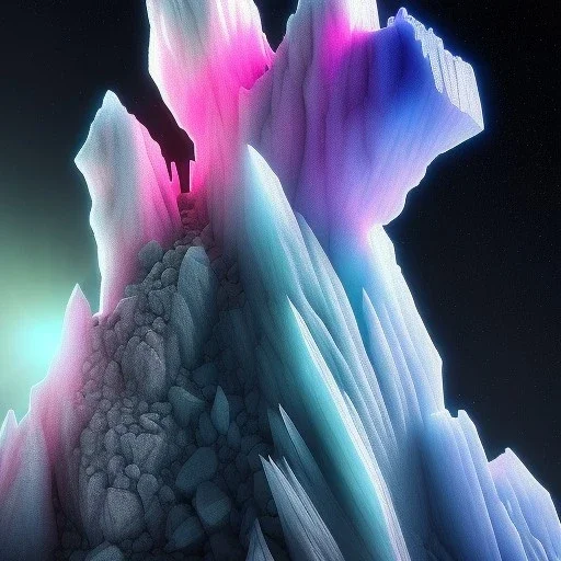 photograph of a (one massive colorful crystal:1.2) growing out of the rocky mountain, (focus on crystal:1.2), 4k, 8k, (highly detailed), ((landscape)),(translucent crystal:1.1), light going trough the crystal, bokeh, chromatic aberration, mountain view,