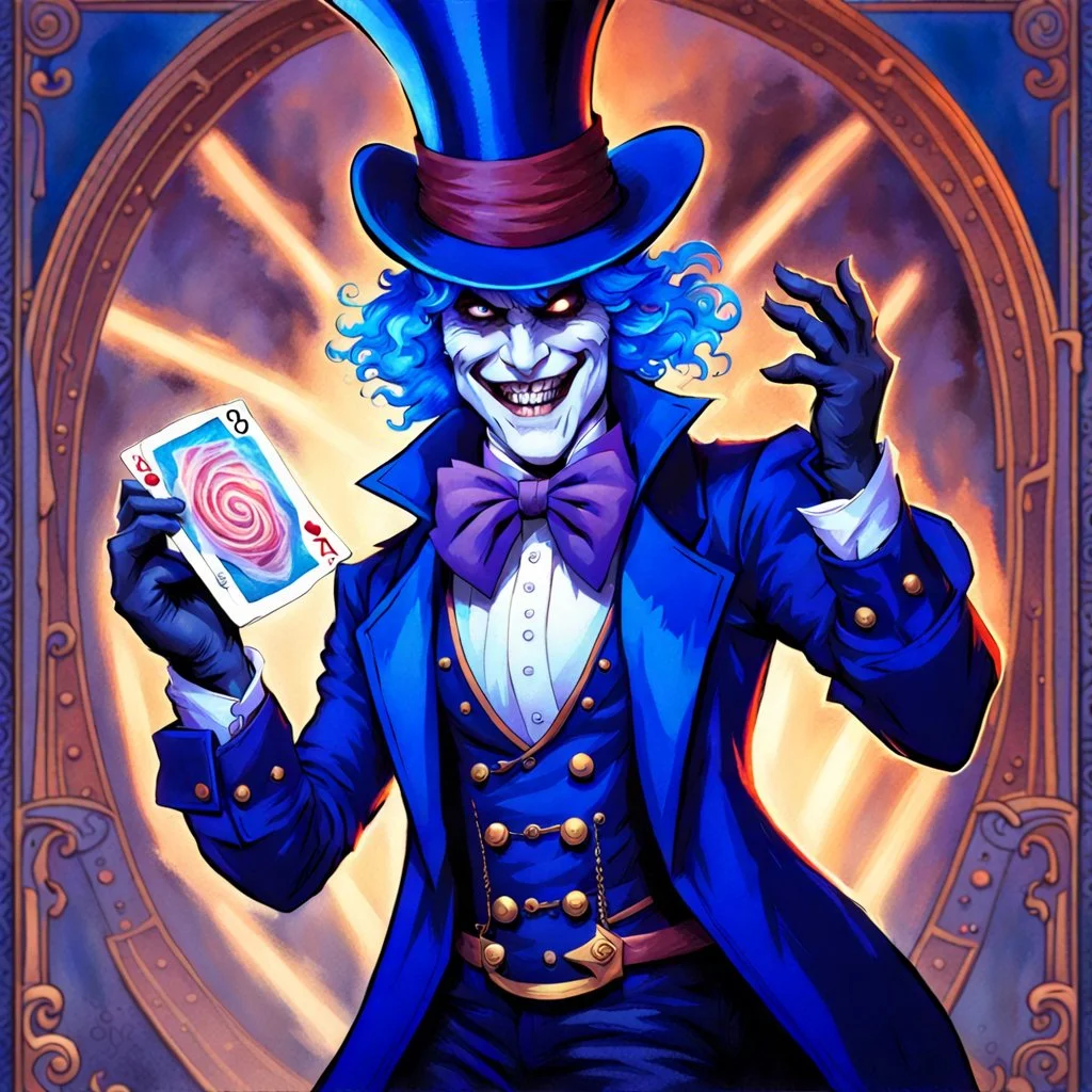 90's fantasy tcg art of a top hat man with a spiral mask in a blue circus