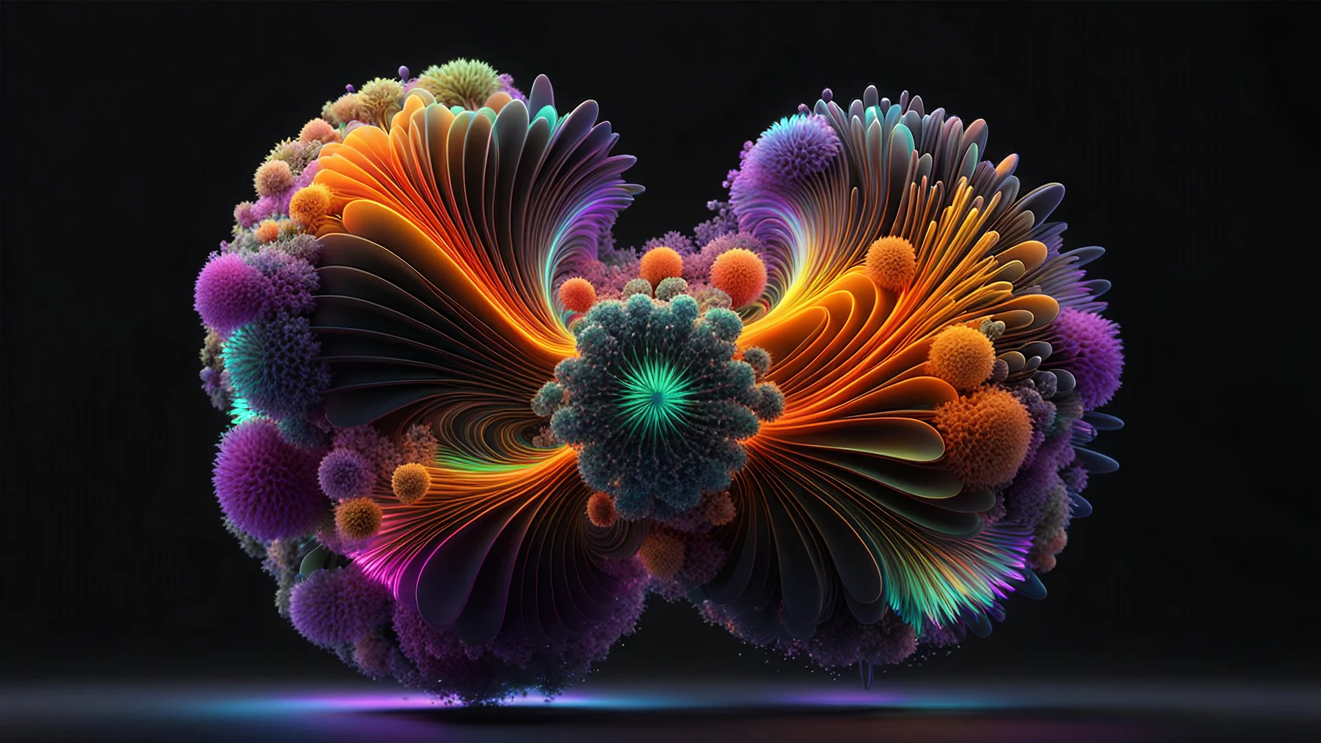 3D-rendered organics form, futuristic, fantasy, nuclear, geometrical shape, single colorful objects, fractal, abstract, scientific, black background, octane render, 8k post-production, artstation: award-winning: atmospheric: commanding: fantastical: clarity: 16k: ultra quality: striking: brilliance: liquid medium: stunning colors: amazing depth; lens: f/8, 28mm