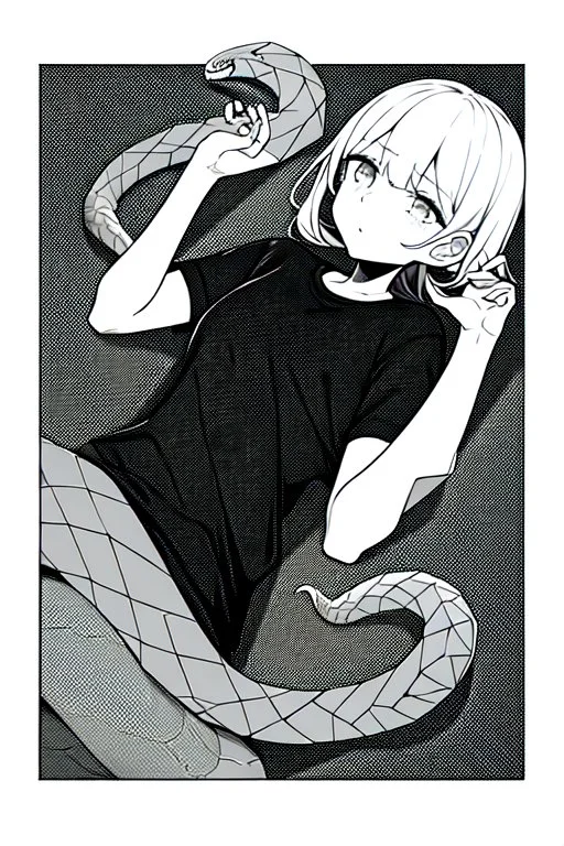 girl in T-shirt lying on the ground and covered with snakes, greyscale