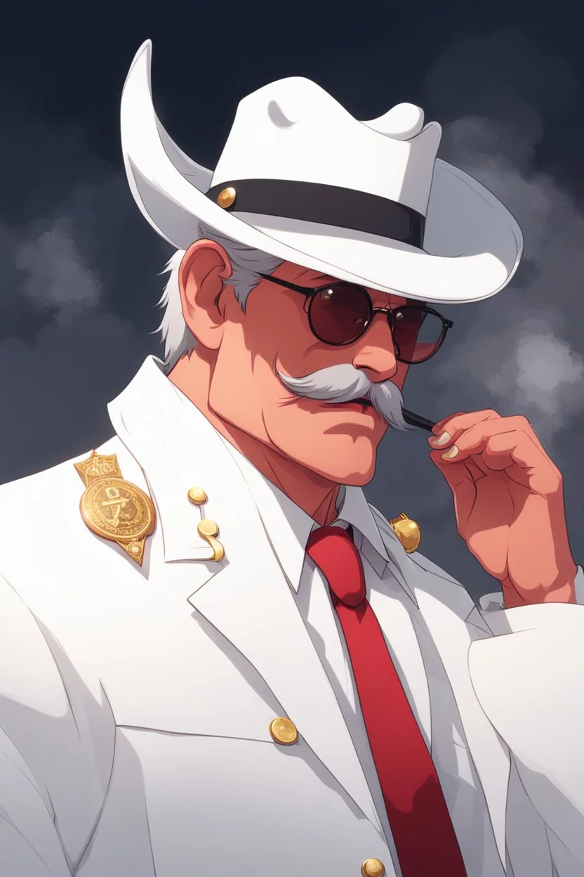 An old male crimson red demon wearing a white and gold police comisioner outfit, he is also wearing glasses, he has a white scruffy mustache, and a small black fedora.