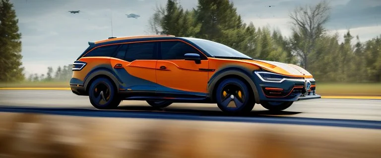 A national geographic award winning photograph of a military fighter jet station wagon wasp hybrid designed by volkswagen only one vehicle per image painted metallic orange traveling at a high rate of speed, jet intake off of front center of vehicle and jet exhaust out the rear with bright blue flame