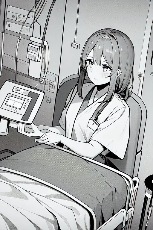 girl in bed, hospital patient room, greyscale