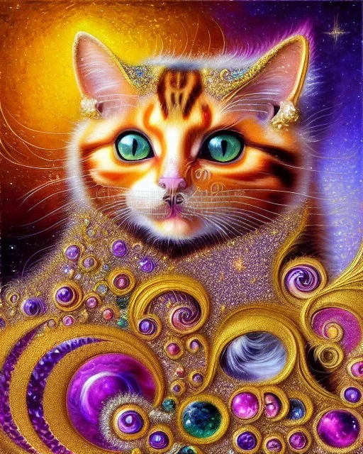 Cat , 500 x 500 pixels, glitter gold, extremely detailed fractal , fractal gems, fractal crystals, gold glitter, imperial colors ,digital oil painting , detailed art illustration, vibrant, cinematic, ornate, luxury, 8K polished in the style of Josephine Wall, Brian Froud.Thomas Kinkade