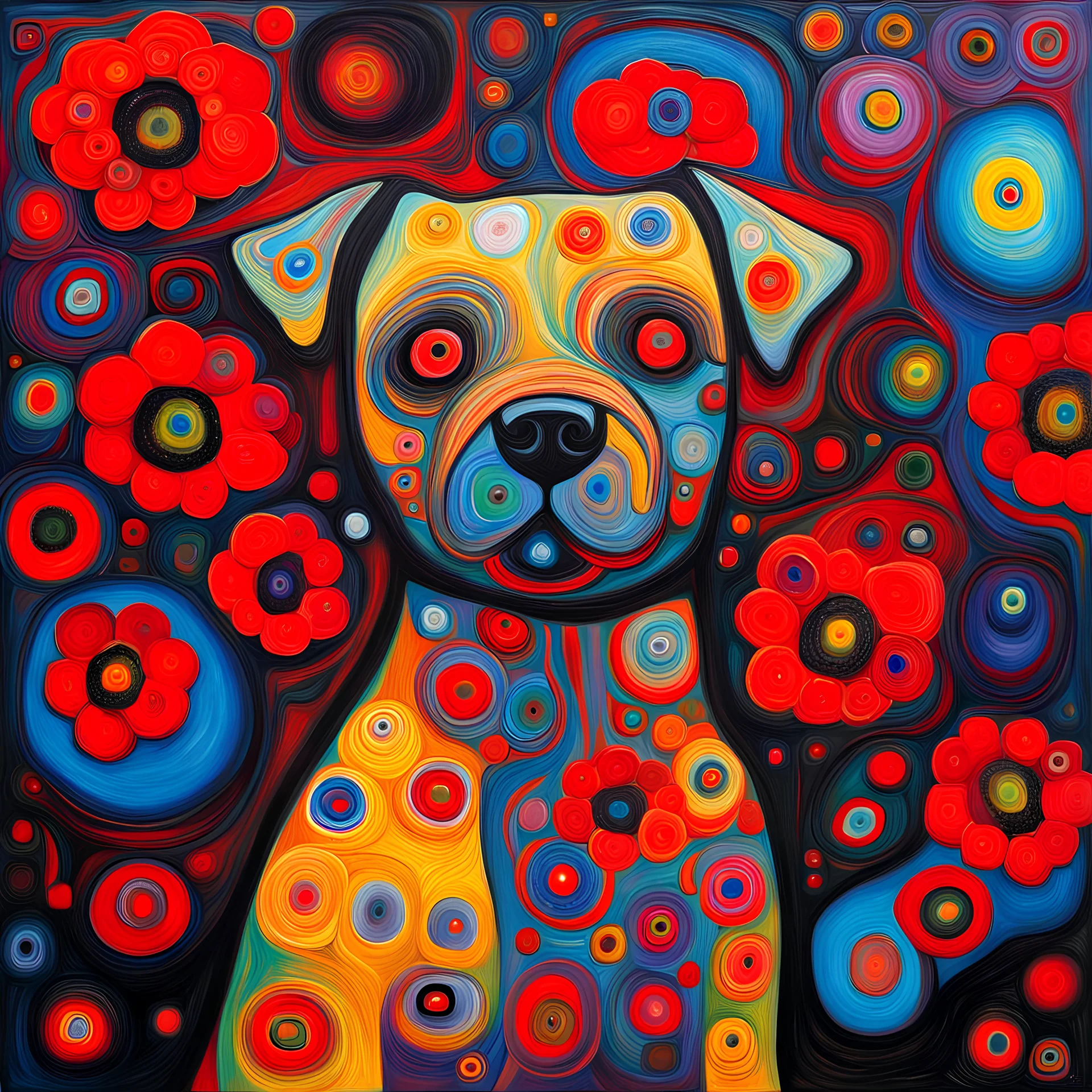 the 3D dog; Free will is a red herring; Klimt; Hundertwasser; controversial; stupendous; transcendent;red and black flowers acrylic painting inspire by vincent van gogh; alcohol inks, chalks, oil pant, glitter, mixed media; The image is a colorful and vibrant piece of abstract art.