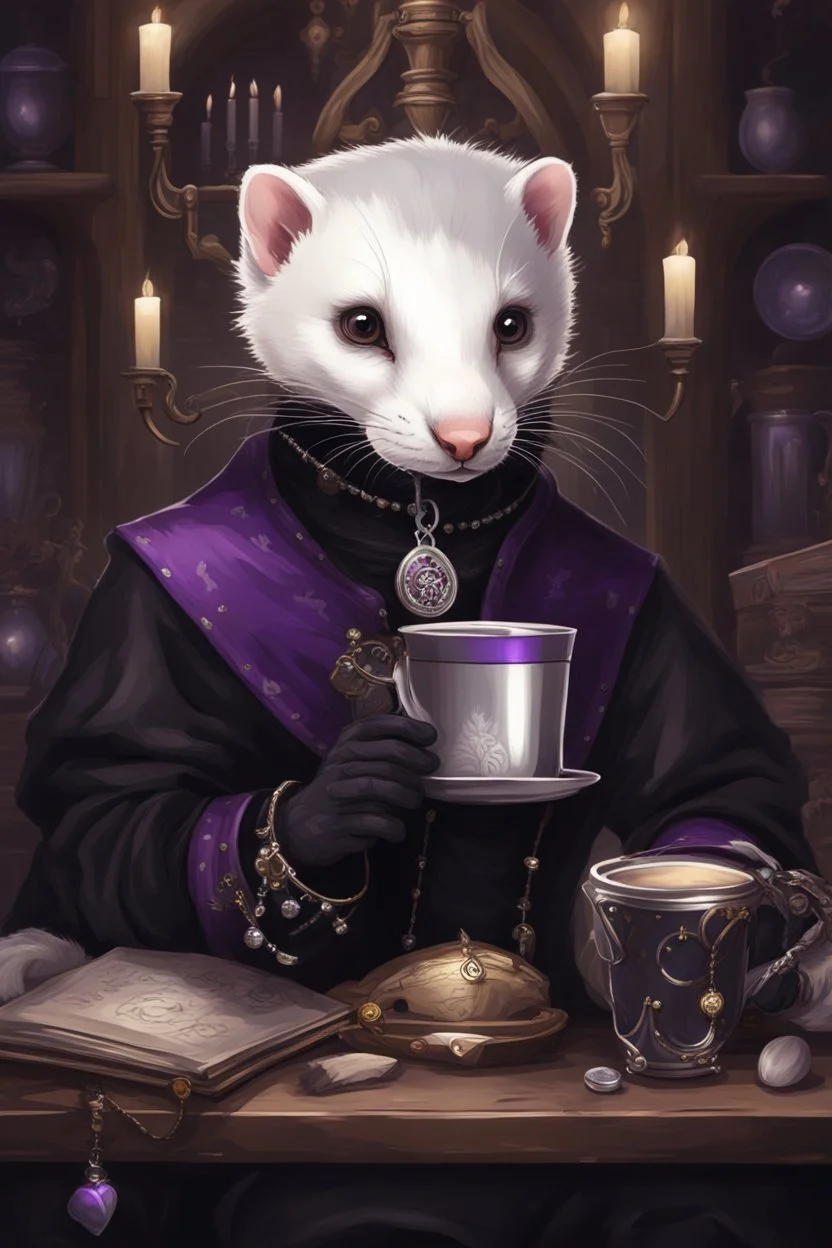 (anthropomorphic white ferret),dressed in ((cleric fantasy)) black and purple clothes with silver holy ornaments, realistic anatomy, fantasy tavern on background, mage and holy symbols around, serious face, hold cup of coffe, tired face, in the style of LOISH, glasses