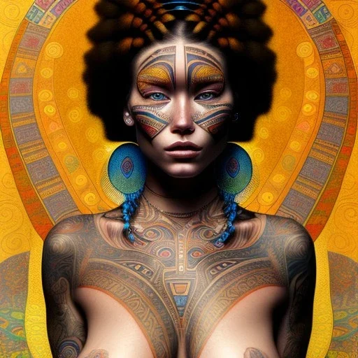 retrato de Mujer tribal maorí bella con tatuajes con estilo de Gustav Klimt