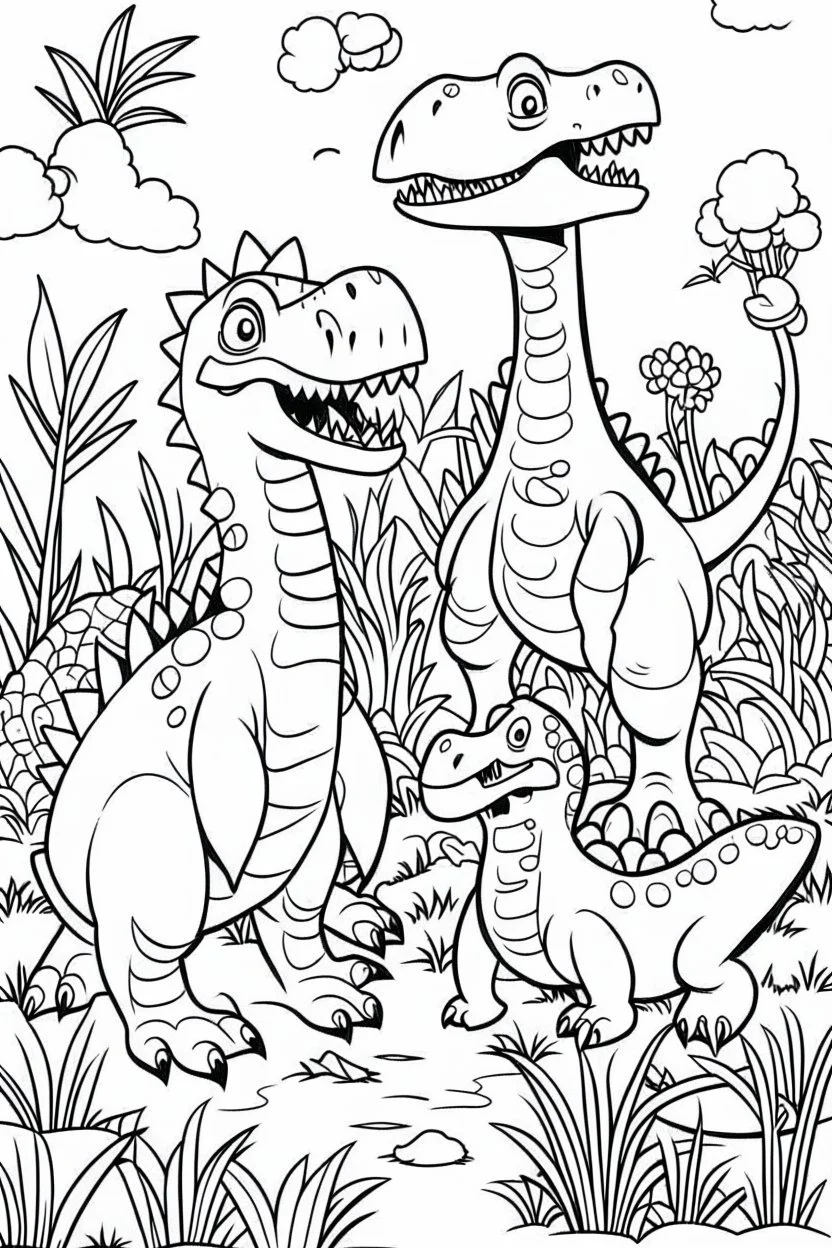 Generate a cute and simple full-body illustration of lovable dinosaurs in black and white. The scene should depict these friendly dinosaurs engaged in playful activities in a prehistoric setting. The goal is to create a coloring page for children, so ensure the illustration is detailed enough to provide opportunities for coloring, with each dinosaur having a distinct and charming character