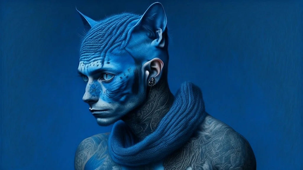 blue background, cat man, wool, fine drawing, high detail, 8K, man, tattoos, wool,