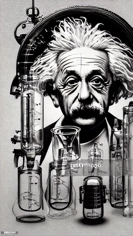 Albert Einstein, detailed and intricate calligraphy ink painting of a "cyborg Mad Scientist" holding beakers, outer space Background cosmic fractals, dystopian, concept art, unreal engine 5, god rays, ray tracing, RTX, lumen lighting, ultra detail, volumetric lighting, 3d, finely drawn, high definition, high resolution. award-winning: professional portrait: atmospheric: commanding: fantastical: clarity: 16k: ultra quality: striking: brilliance: stunning colors: amazing depth: masterfully crafted