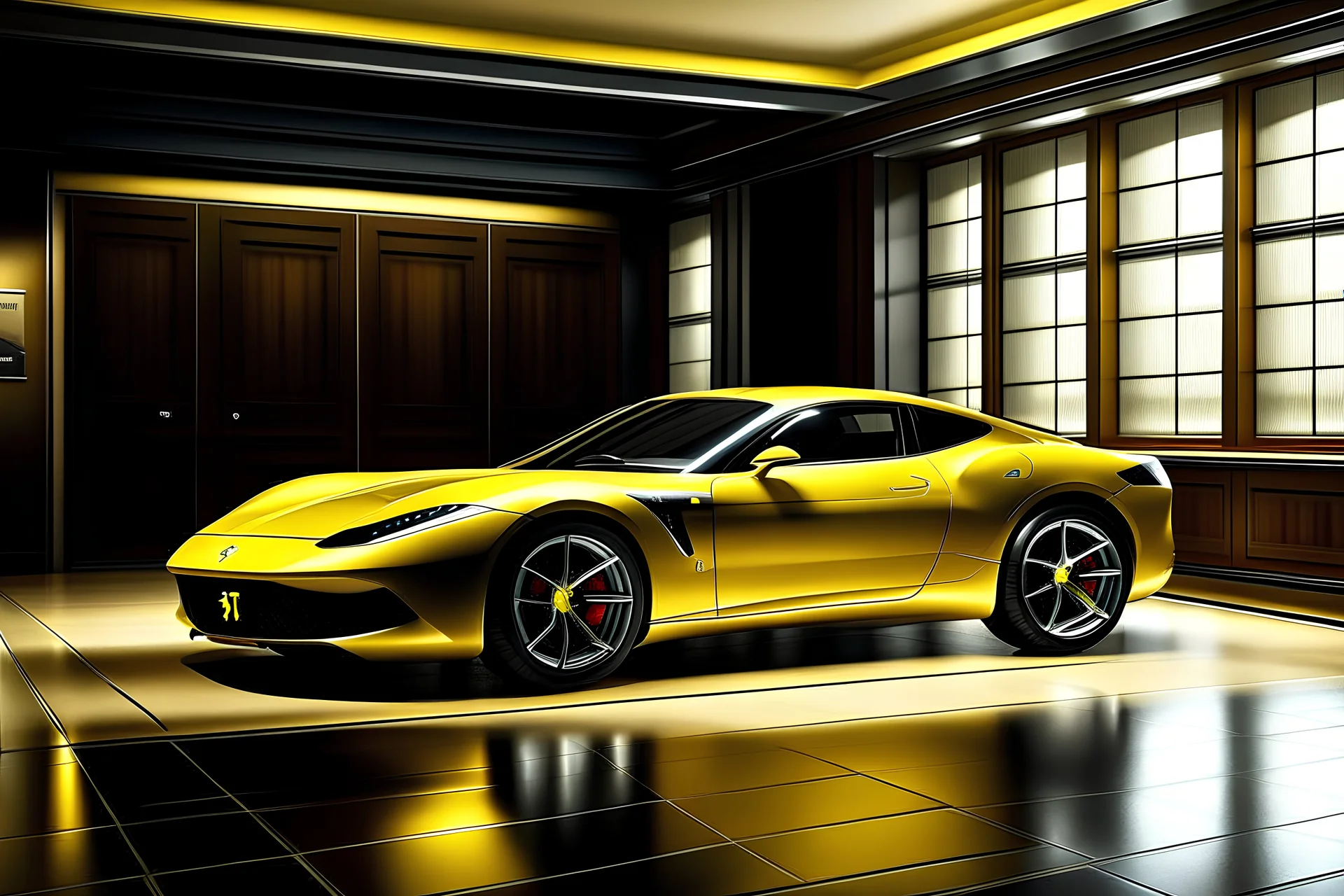 Ferrari Lusso Gt yellow in sowroom, calm ambience..